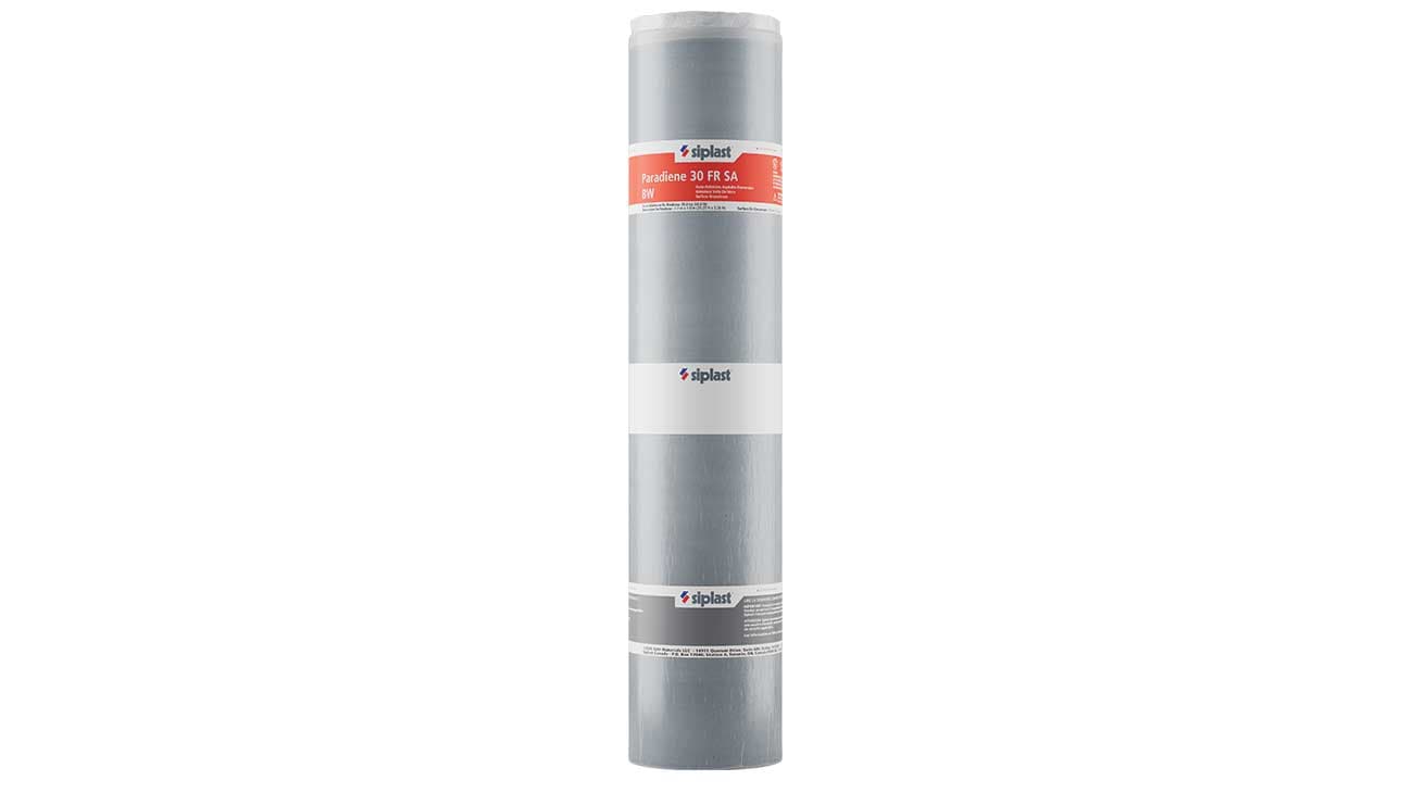 Siplast Paradiene 30 FR SA BW torch-grade fire-rated roofing membrane roll.
