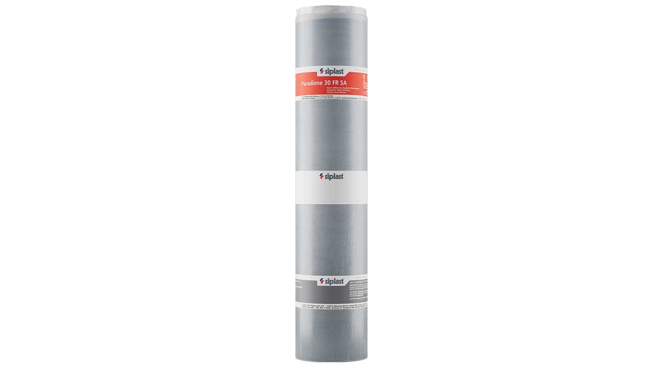 Siplast Paradiene 30 FR SA torch-grade fire-rated roofing membrane roll.