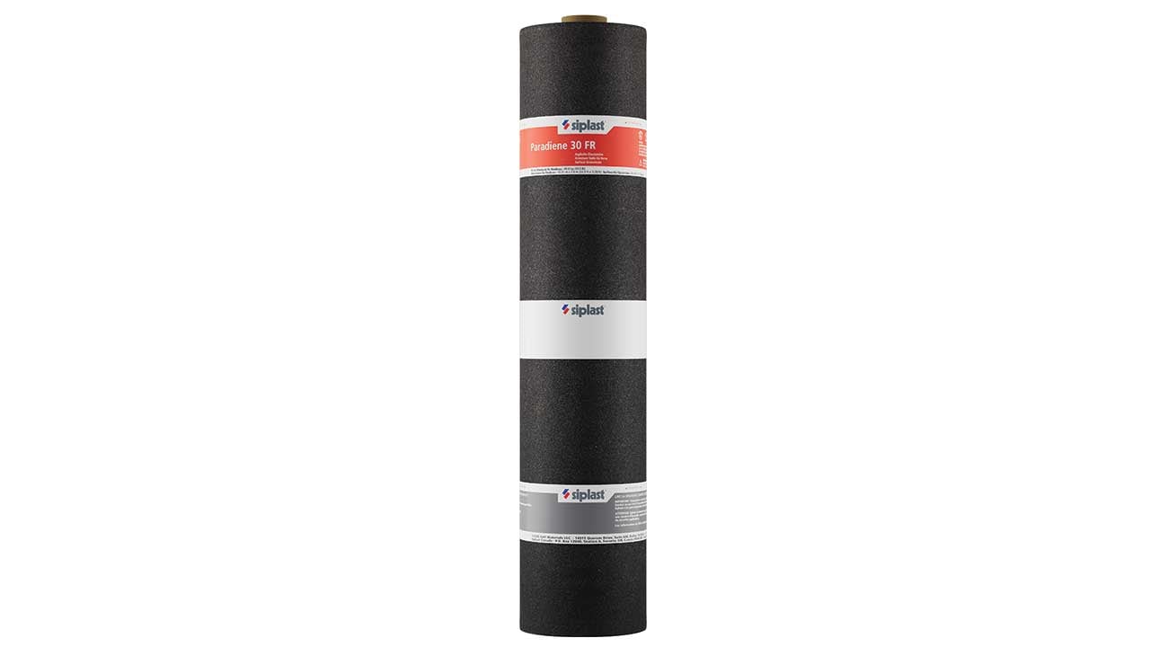 Siplast Paradiene 30 FR torch-grade fire-rated roofing membrane roll.