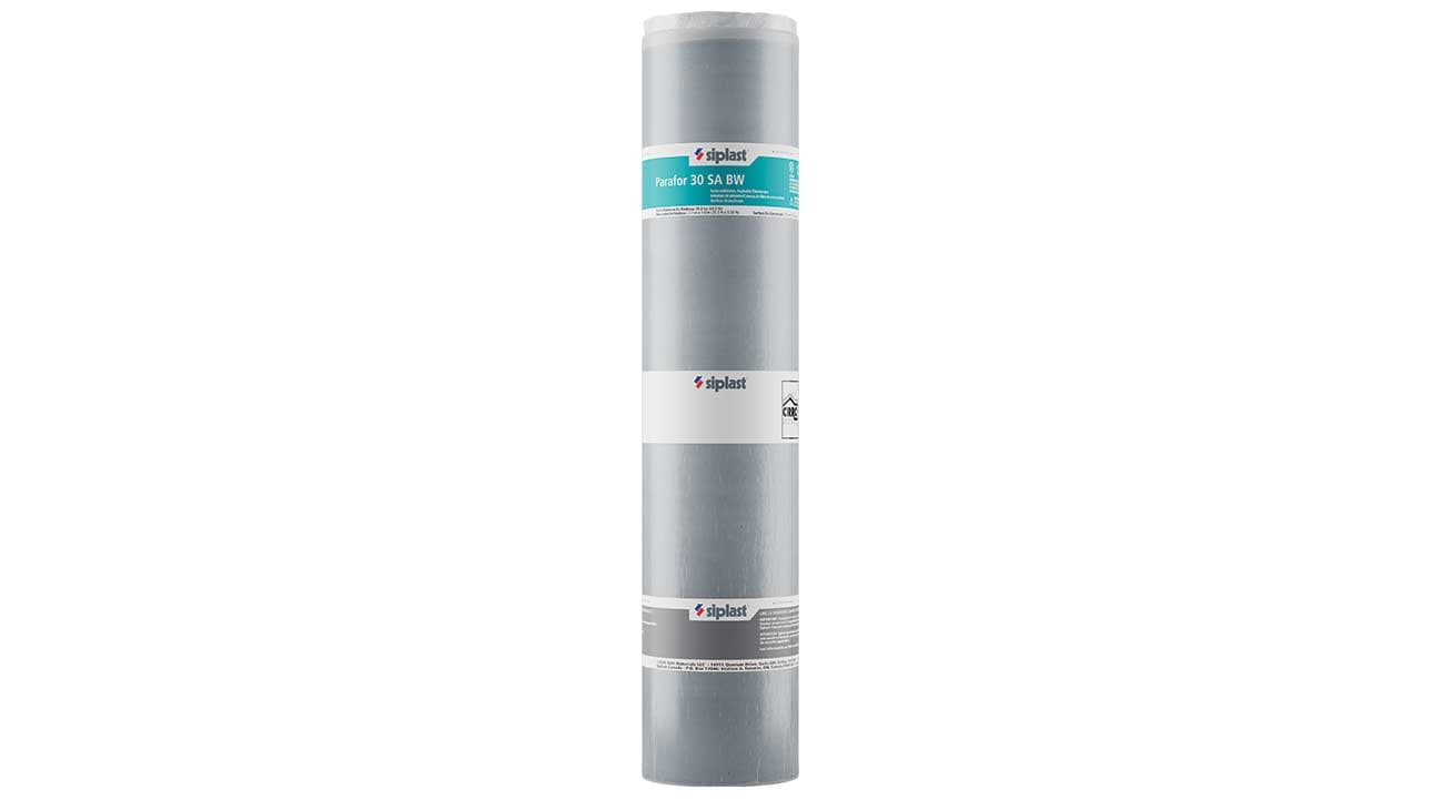 Vertical roll of Siplast Parafor 30 SA BW SBS modified bitumen roofing membrane on a white background.