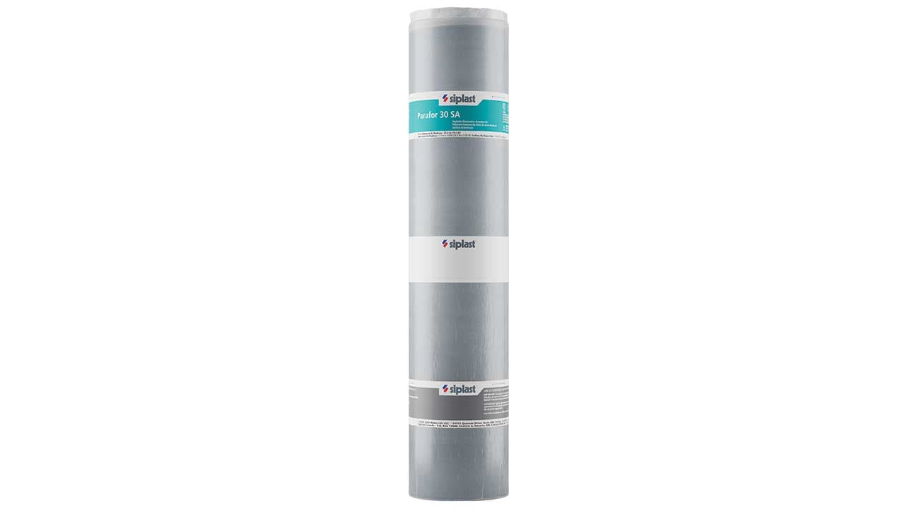 Vertical roll of Siplast Parafor 30 SA SBS modified bitumen roofing membrane on a white background.
