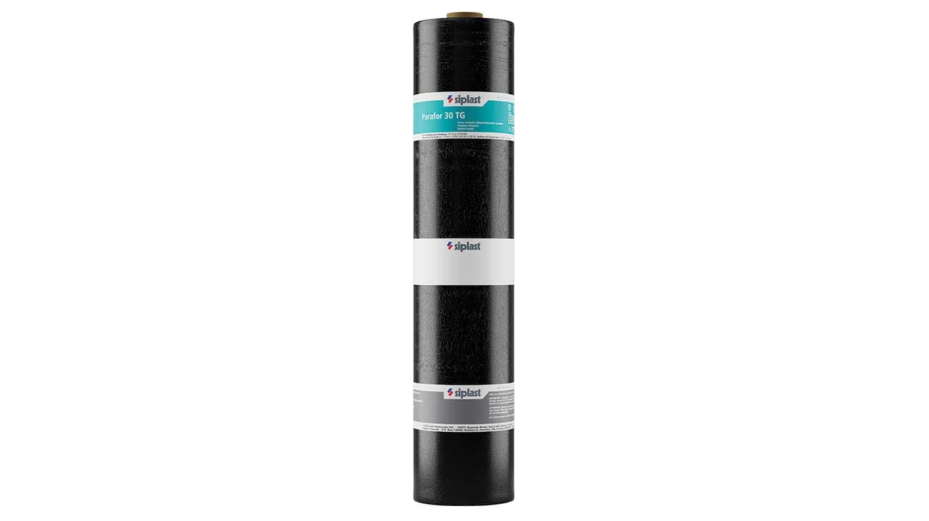 Vertical roll of Siplast Parafor 30 TG SBS modified bitumen roofing membrane on a white background.