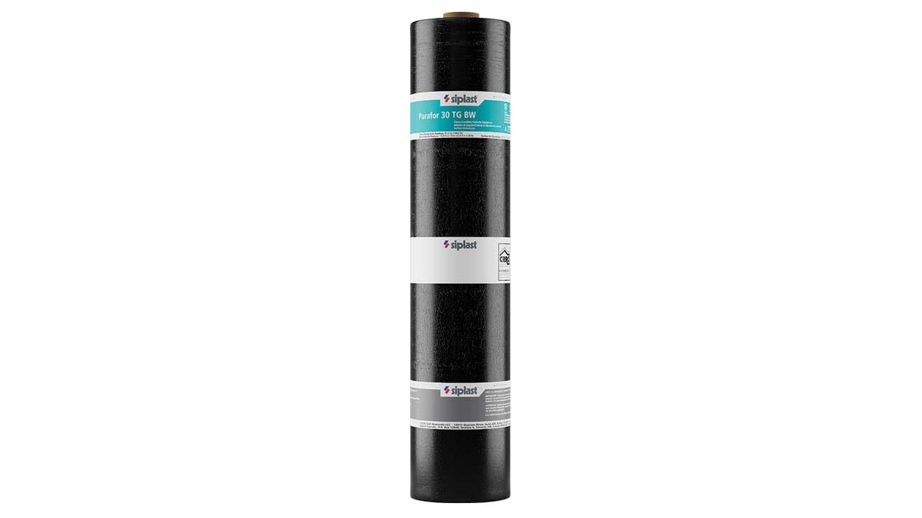 Vertical roll of Siplast Parafor 30 TG BW SBS modified bitumen roofing membrane on a white background.