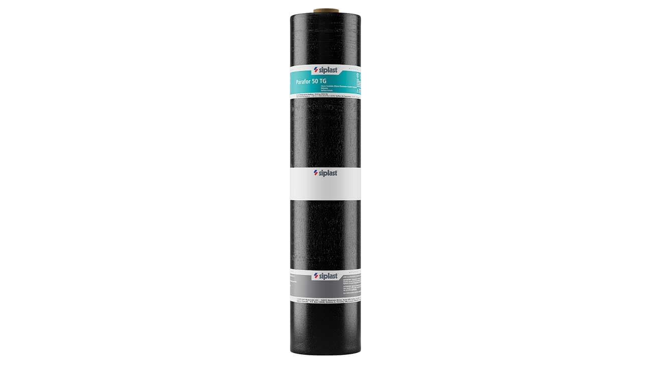 Vertical roll of Siplast Parafor 50 TG SBS modified bitumen roofing membrane on a white background.