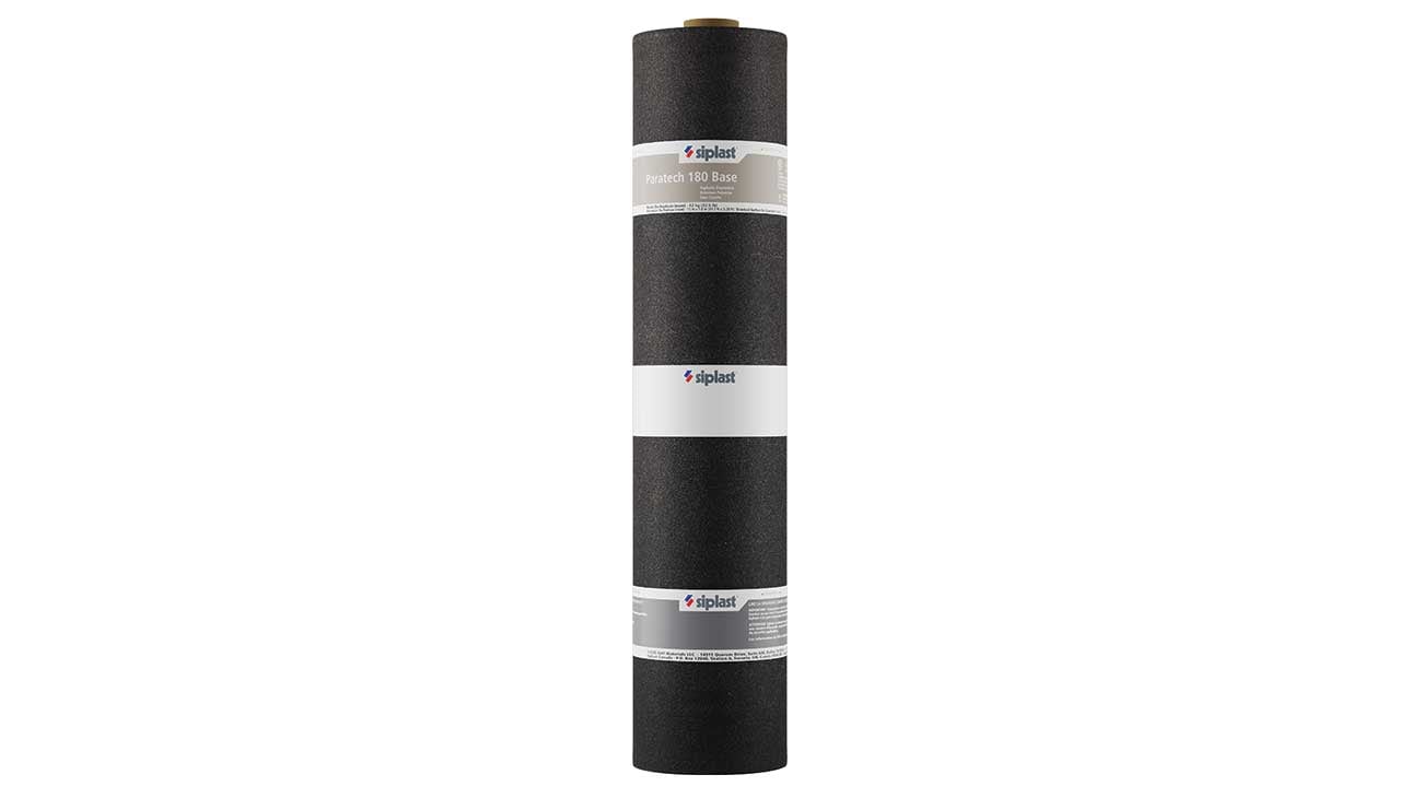 Vertical roll of Siplast Paratech 180 Base SBS modified bitumen roofing base sheet on a white background.