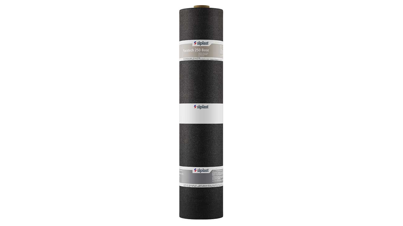 Vertical roll of Siplast Paratech 250 Base SBS modified bitumen roofing base sheet on a white background.