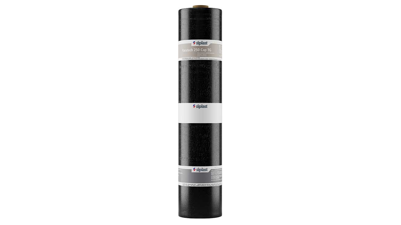 Vertical roll of Siplast Paratech 250 Cap TG SBS modified bitumen roofing membrane on a white background.