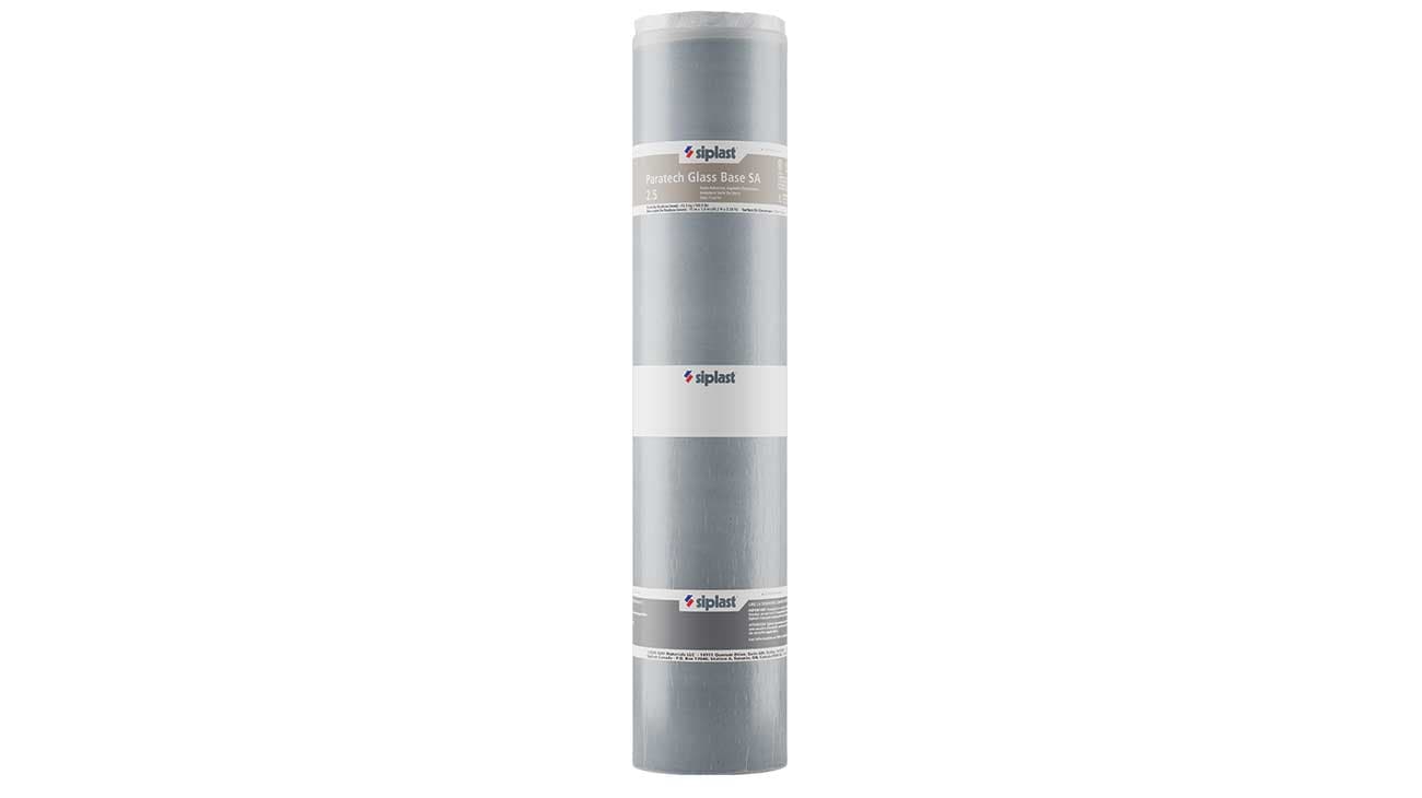 Vertical roll of Siplast Paratech Glass Base SA 2.5 SBS modified bitumen roofing base sheet on a white background.