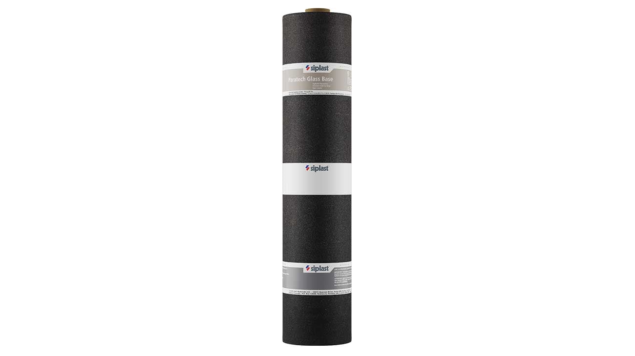 Vertical roll of Siplast Paratech Glass Base SBS modified bitumen roofing base sheet on a white background.
