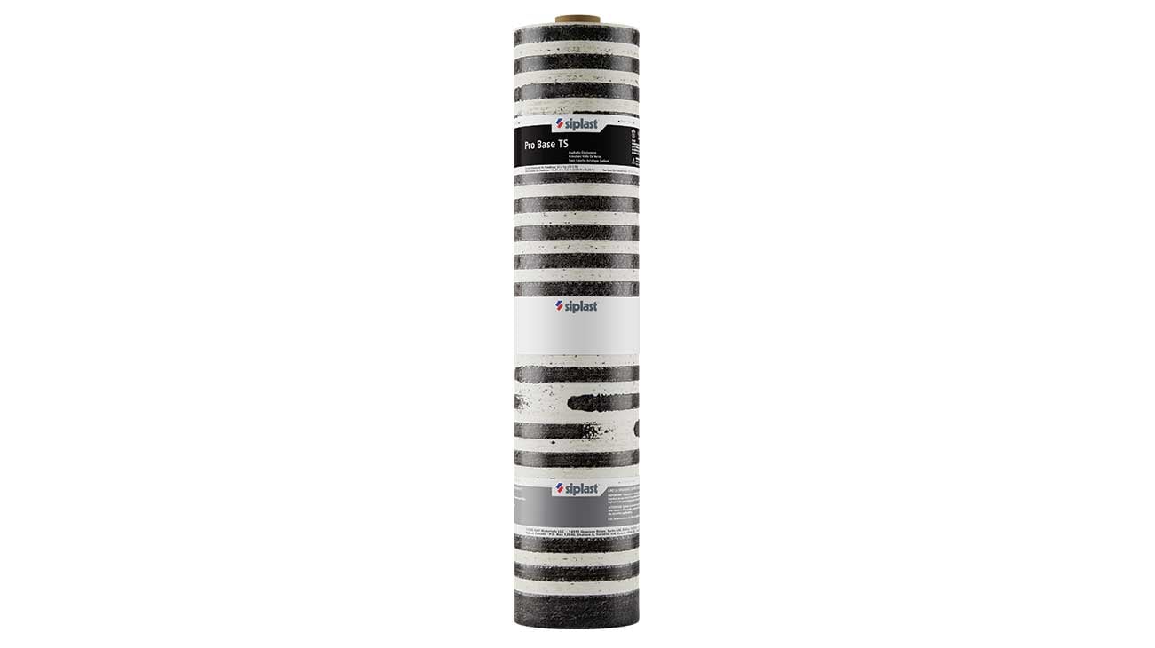 Vertical roll of Siplast Pro Base TS torch-grade SBS modified bitumen roofing base sheet on a white background.