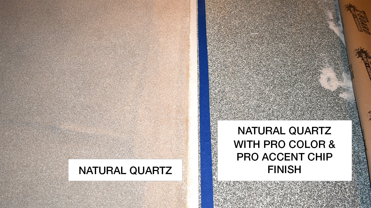 Natural Quartz surfacing aggregate next to Natural Quartz surfacing aggregate with Pro Color and Accent Chips