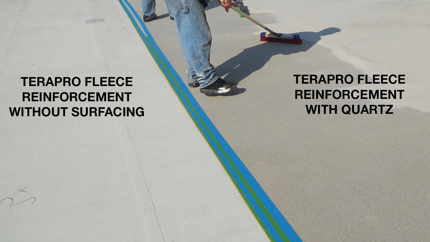 Terapro Fleece reinforcement without surfacing next to Terapro Fleece reinforcement with Natural Quartz surfacing aggregate