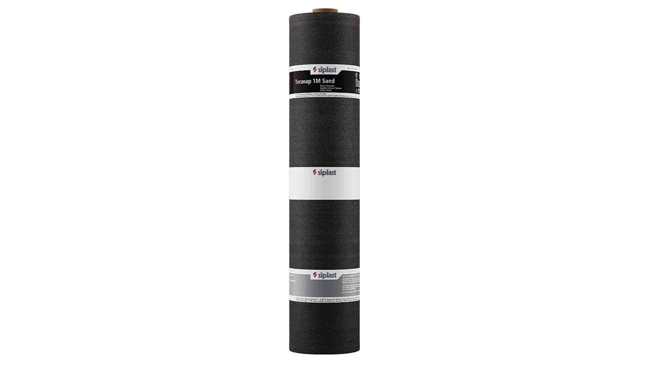 Vertical roll of Siplast Teranap 1M Sand SBS modified bitumen waterproofing membrane on a white background.
