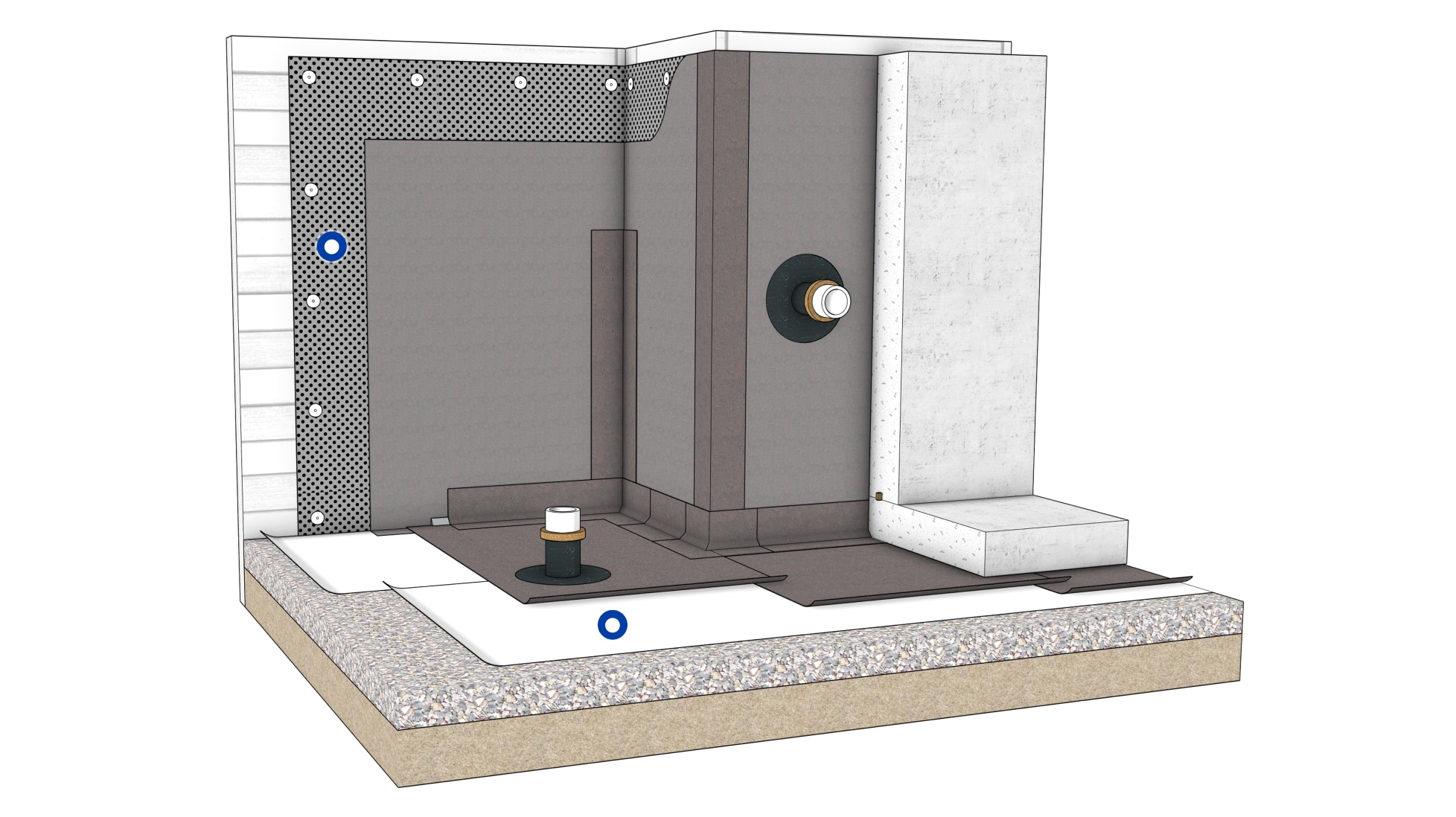 A cross-section diagram showing the installation of TeraPROOF™ 10-11 Drainage Mat for water discharge and hydrostatic relief.