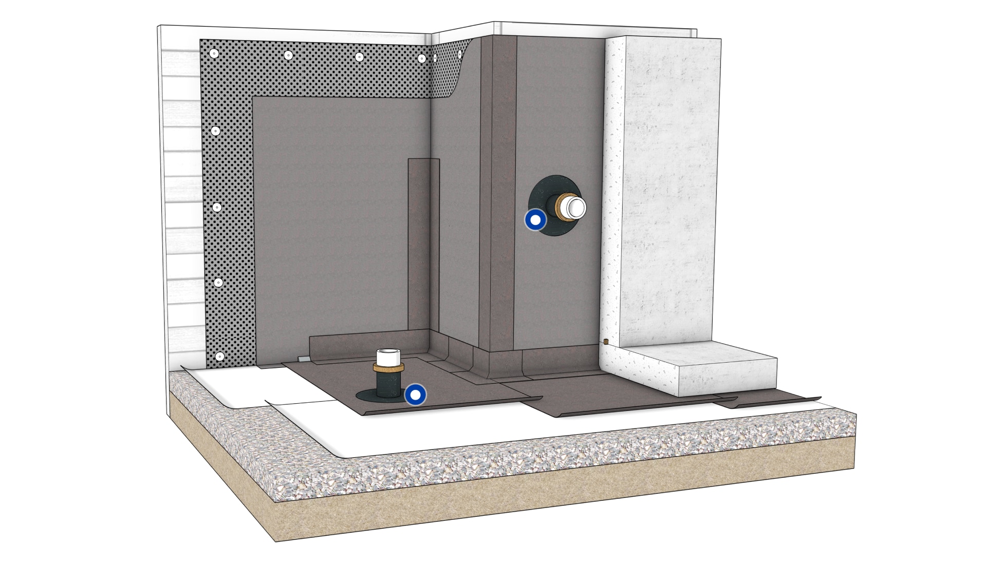 Cross-section diagram illustrating the TeraPROOF™ Pre-Applied STP Liquid Membrane in a below-grade system.