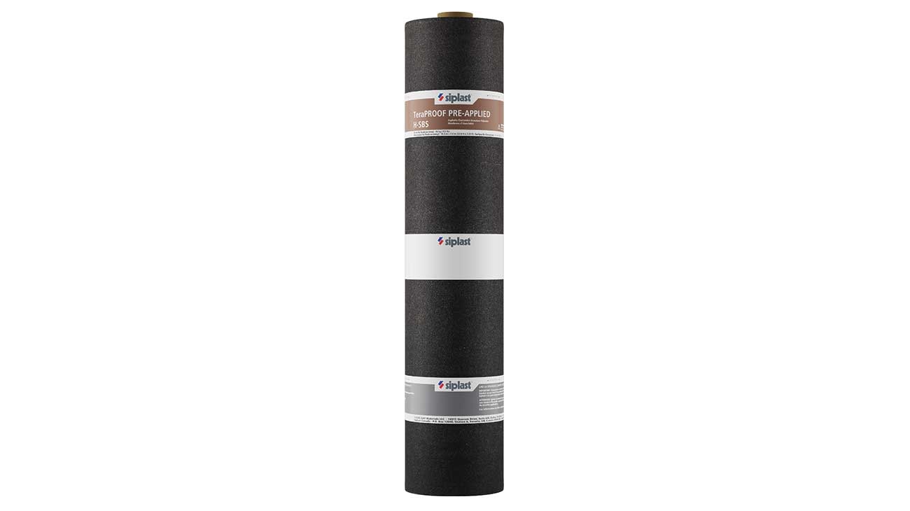 A roll of TeraPROOF Pre-Applied SBS H Membrane, a modified-bitumen sheet for pre-applied below-grade waterproofing.