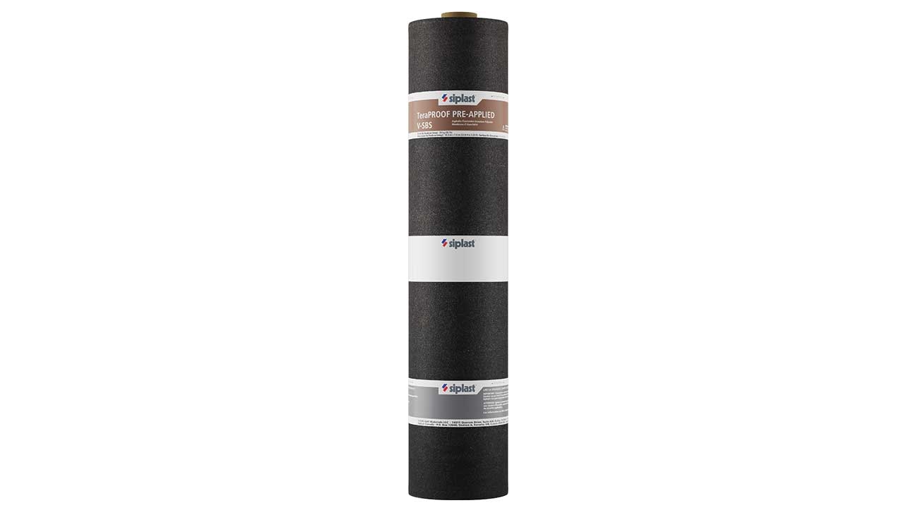 A roll of TeraPROOF Pre-Applied SBS V Membrane, a modified-bitumen sheet for pre-applied below-grade waterproofing.
