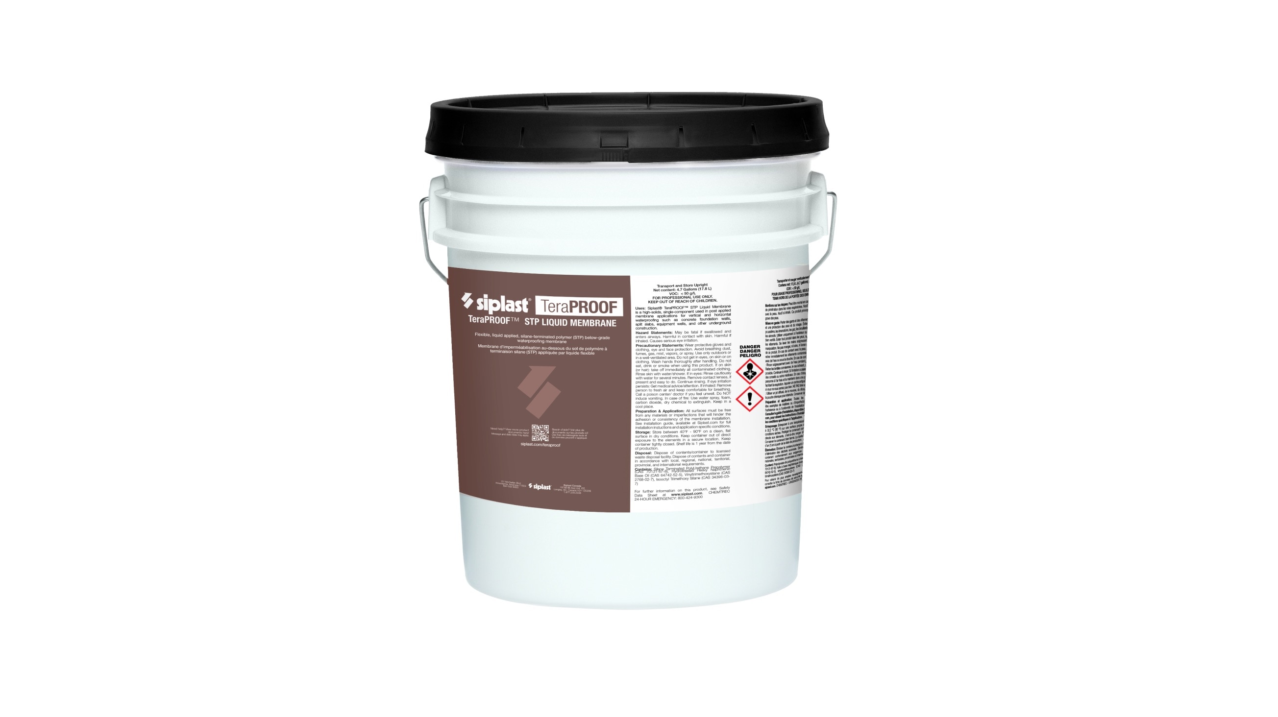 A 5-gallon pail of TeraPROOF™ STP Liquid Membrane for post-applied vertical and horizontal waterproofing.