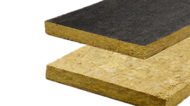 Faced and unfaced Owens Corning Thermafiber RainBarrier mineral wool boards.