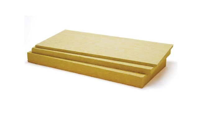 Stack of three Owens Corning Thermafiber RainBarrier mineral wool boards.