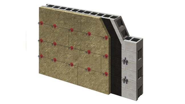 Owens Corning Thermafiber RainBarrier insulation attached to a masonry wall.