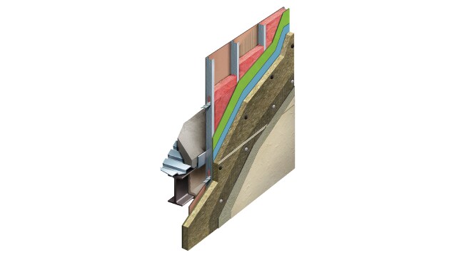 Wall assembly diagram with Owens Corning Thermafiber RainBarrier insulation.