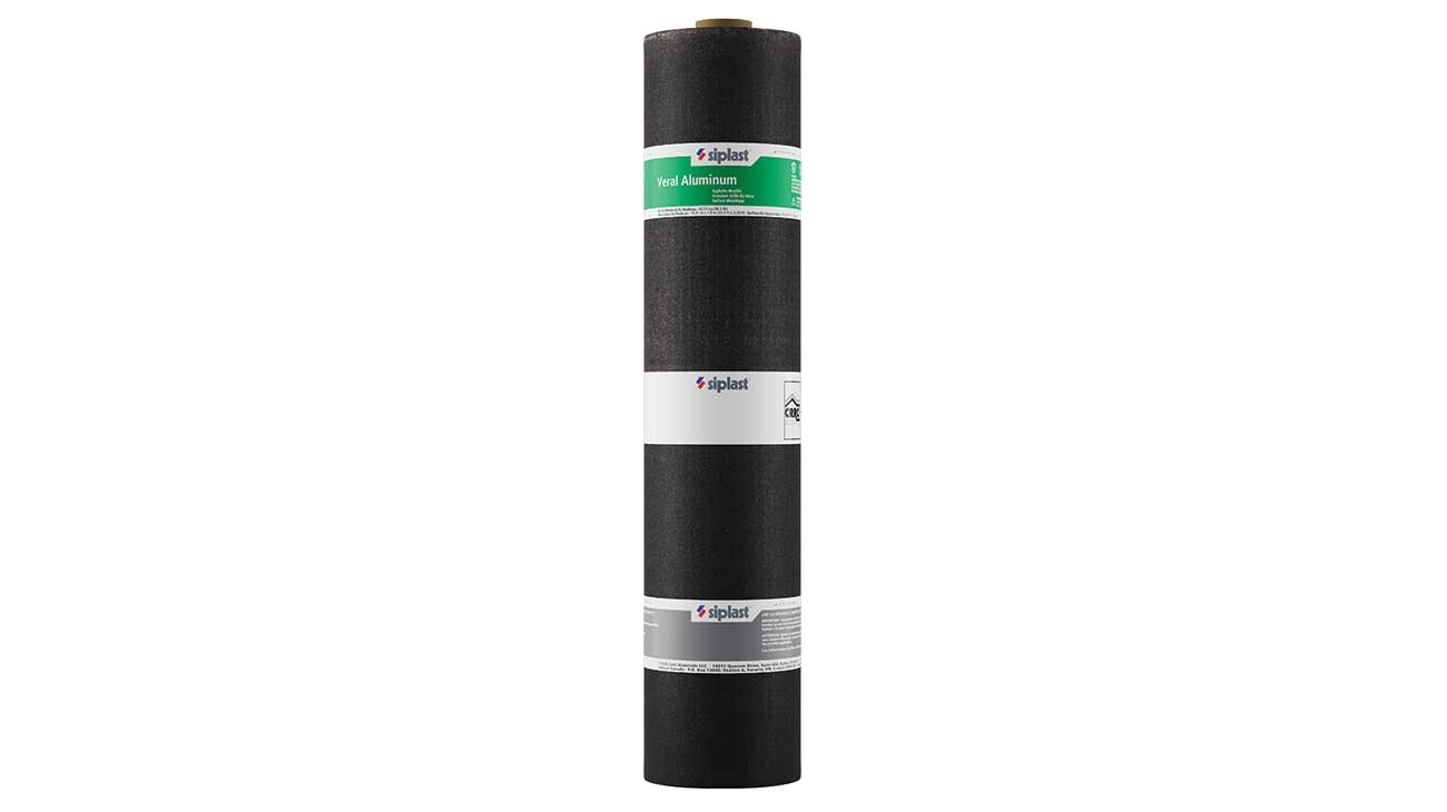 Siplast Veral foil-surfaced SBS-modified bitumen finish ply roll for commercial roofing.