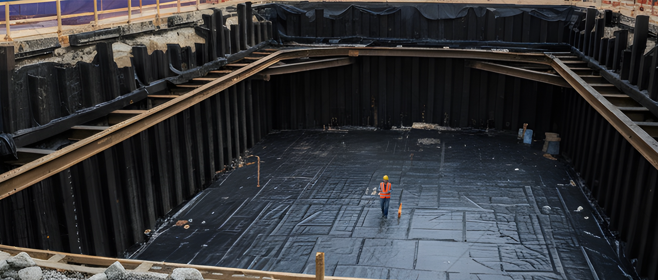 A close-up of a dark roofing membrane showing applied adhesive along edges and around a white railing post, with liquid pooling in some areas.