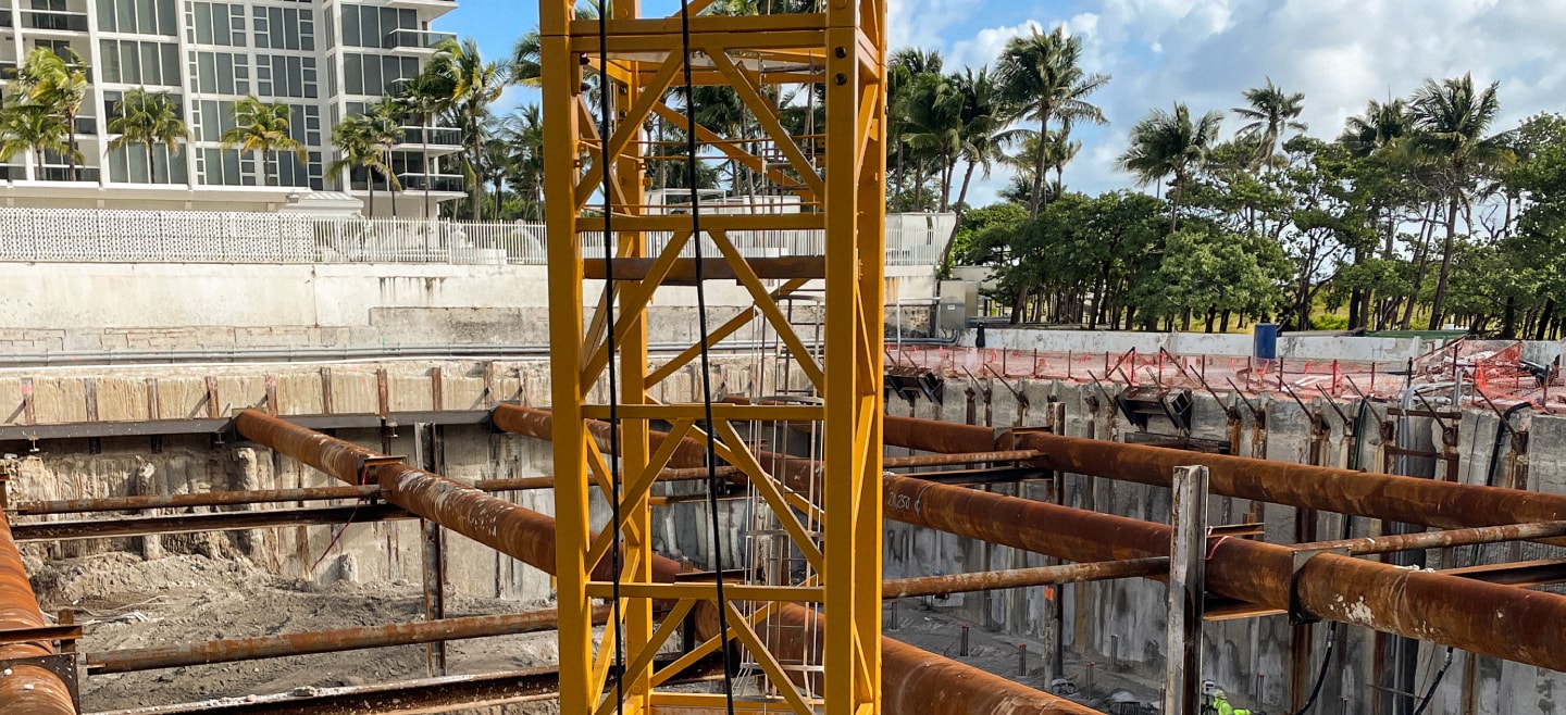 Foundation excavation and steel support structures at the Miami High-Rise Condominiums construction site in Miami.
