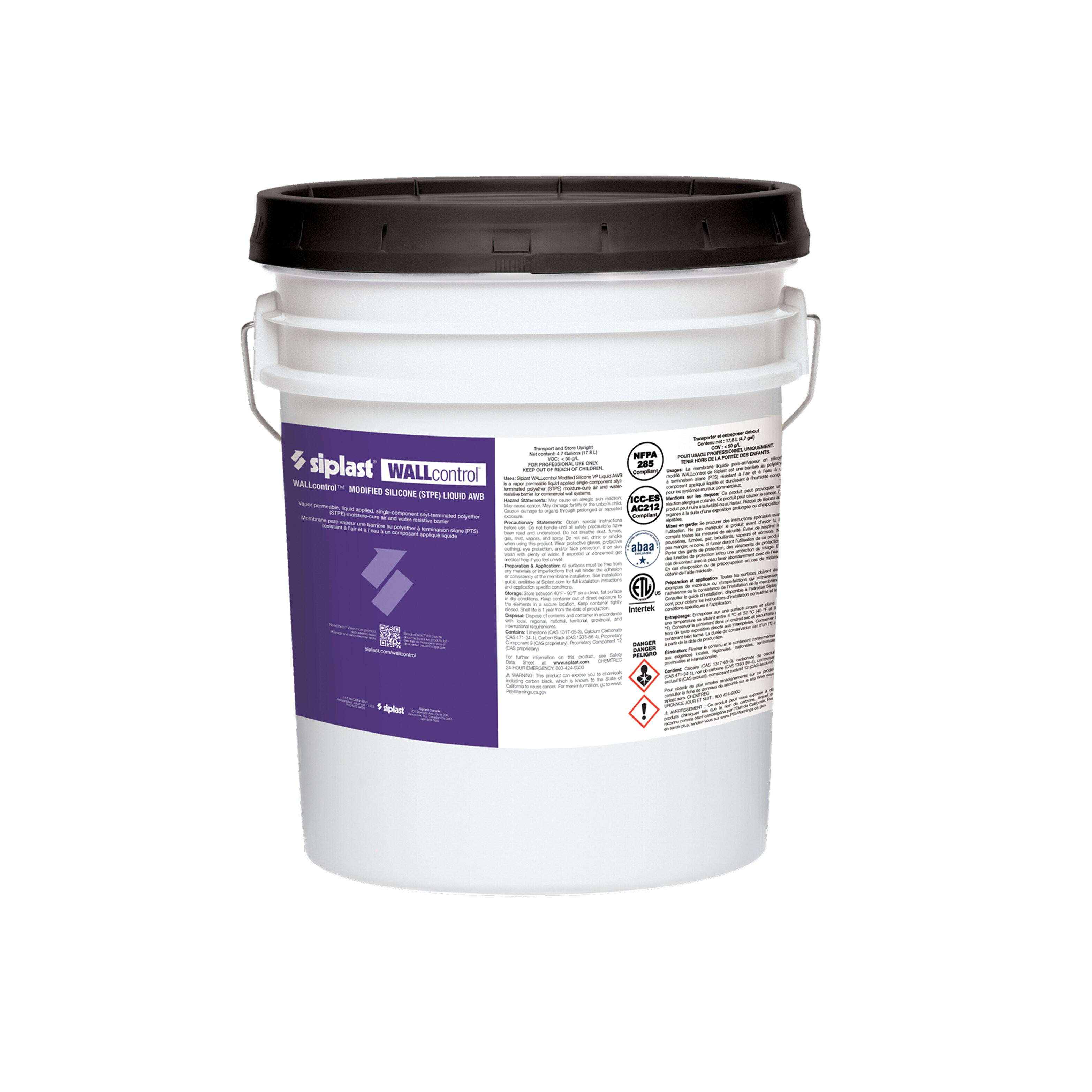 Siplast WALLcontrol Modified Silicone (STPE) VP Liquid AWB features: Permeable, 12-month UV resistance.