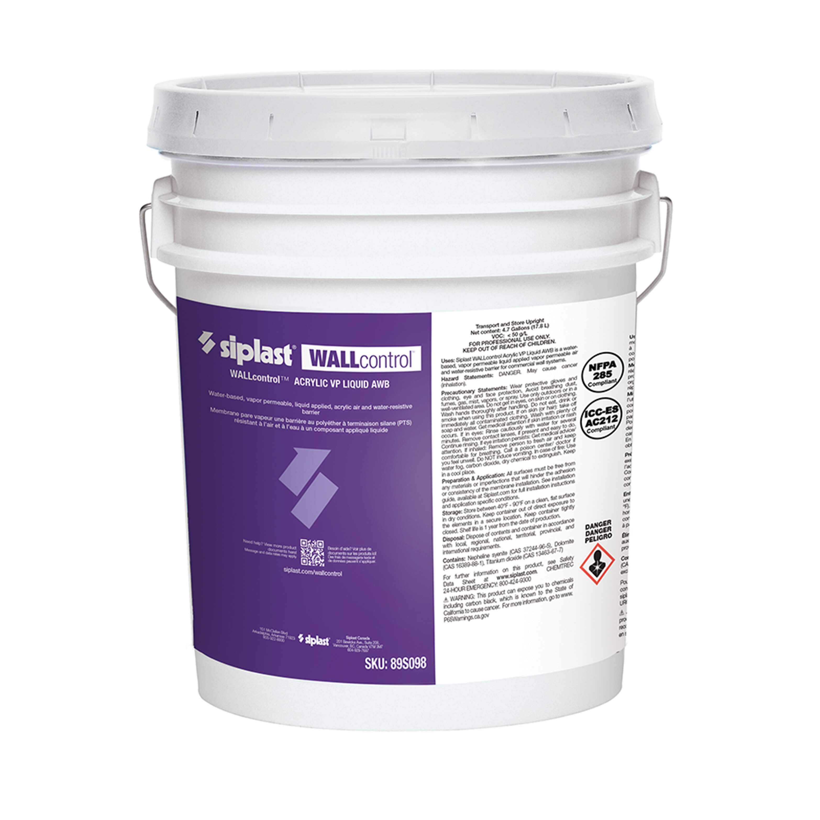 Siplast WALLcontrol Acrylic VP Liquid AWB features: Permeable, liquid-applied, 6-month UV rating.