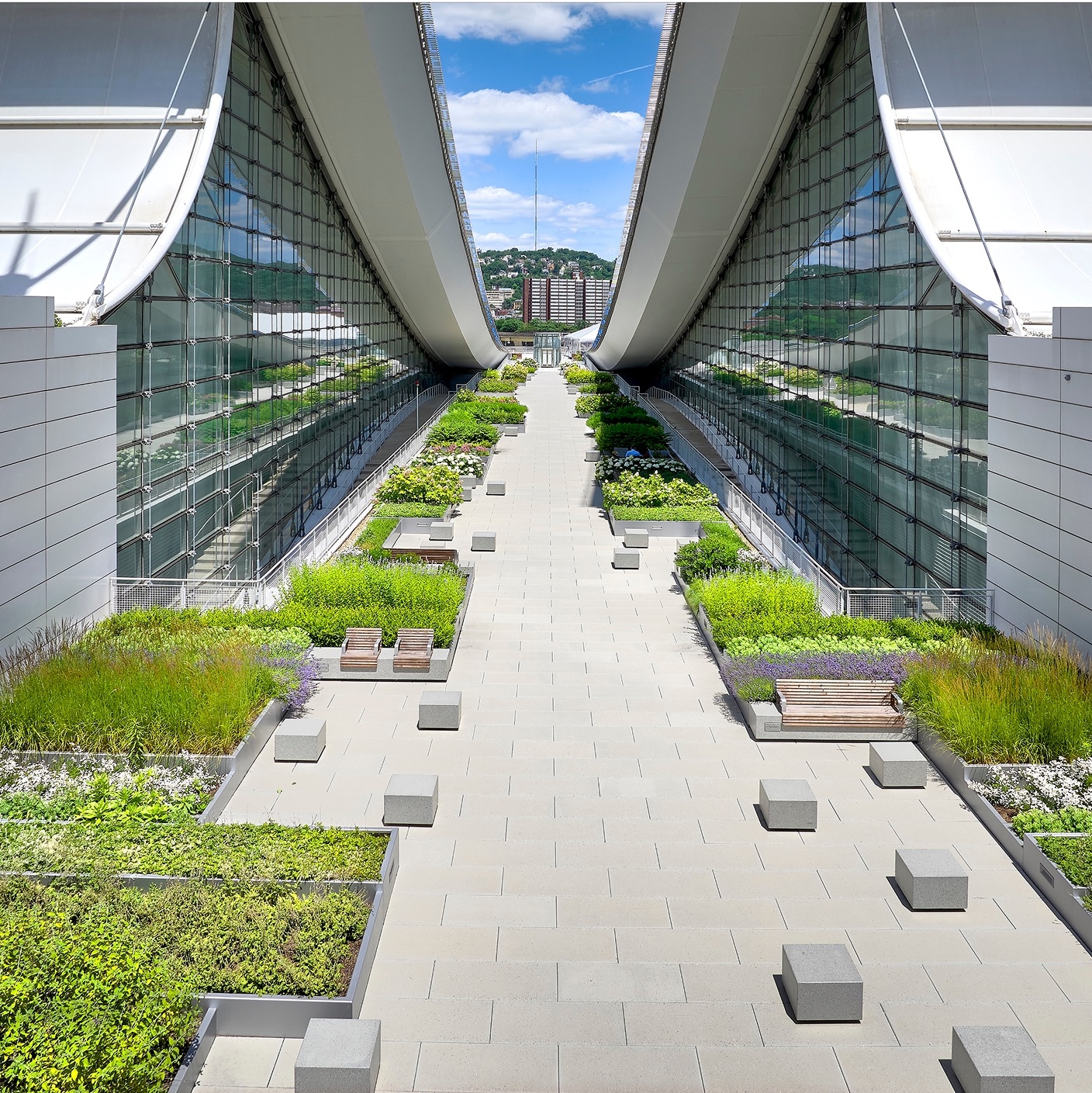 Long outdoor pathway on the rooftop of the David L. Lawrence Convention Center, flanked by lush green planters and modern building facades.