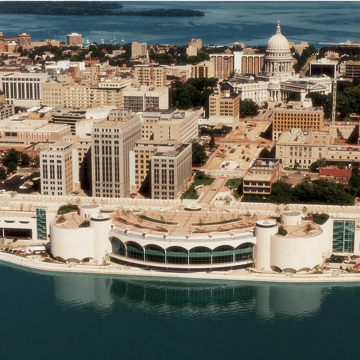 Monona Terrace with Concrete Pavers and city view