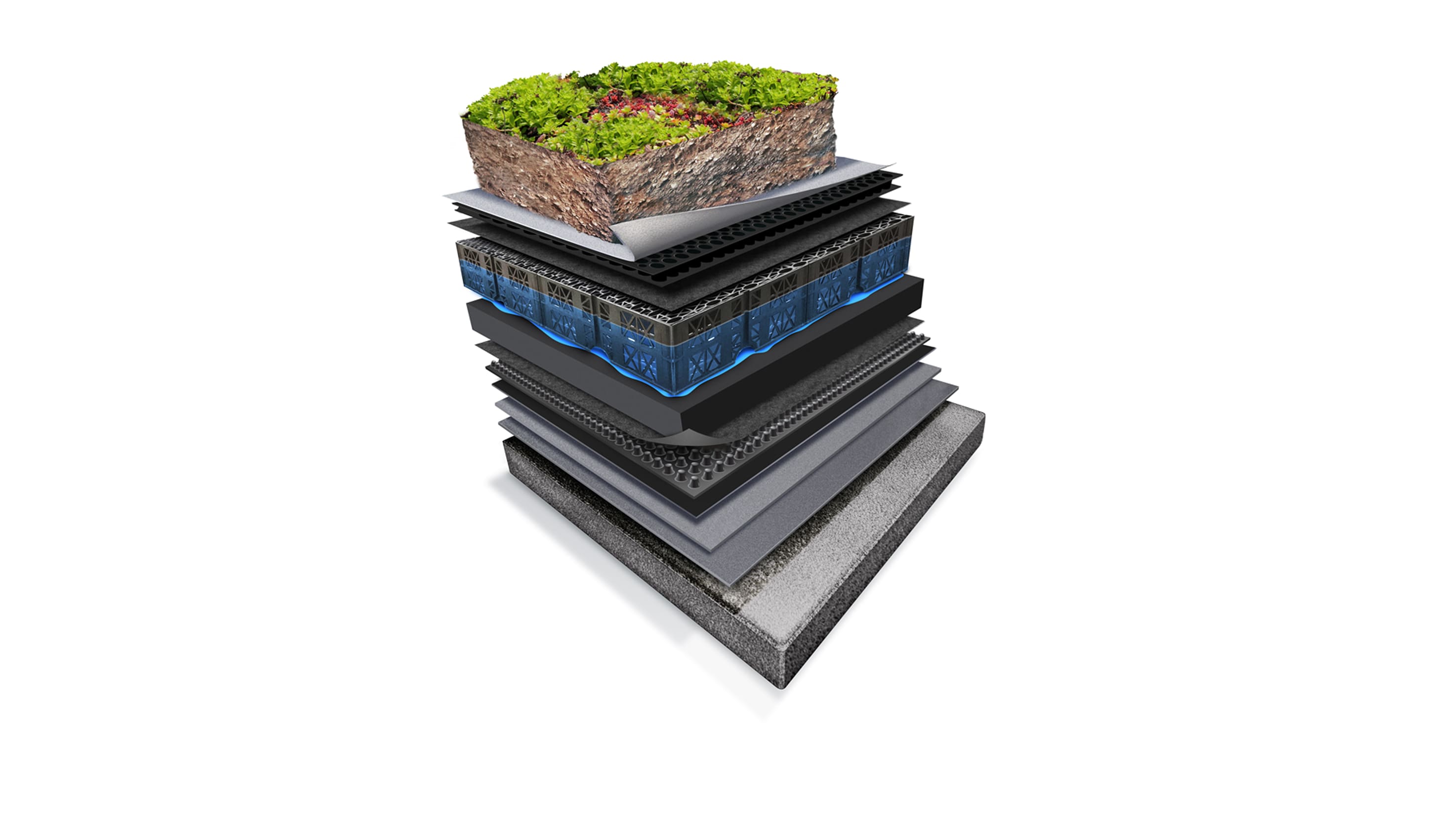 Cutaway illustration displaying the various layers of a blue-green roof system engineered for the temporary detention of rainwater