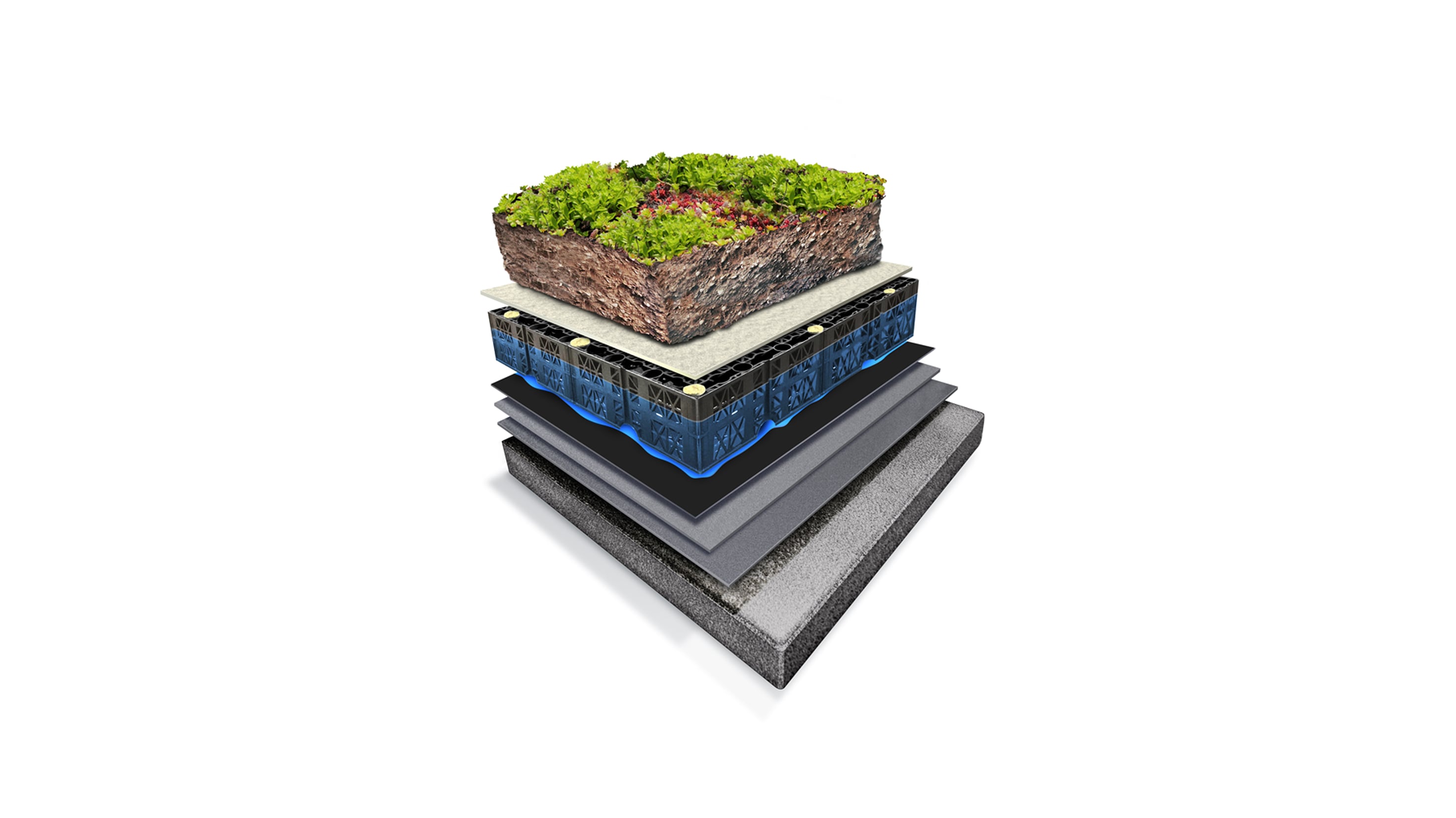 Exploded view showcasing the distinct layers of a vegetated green roof system designed for retaining stormwater