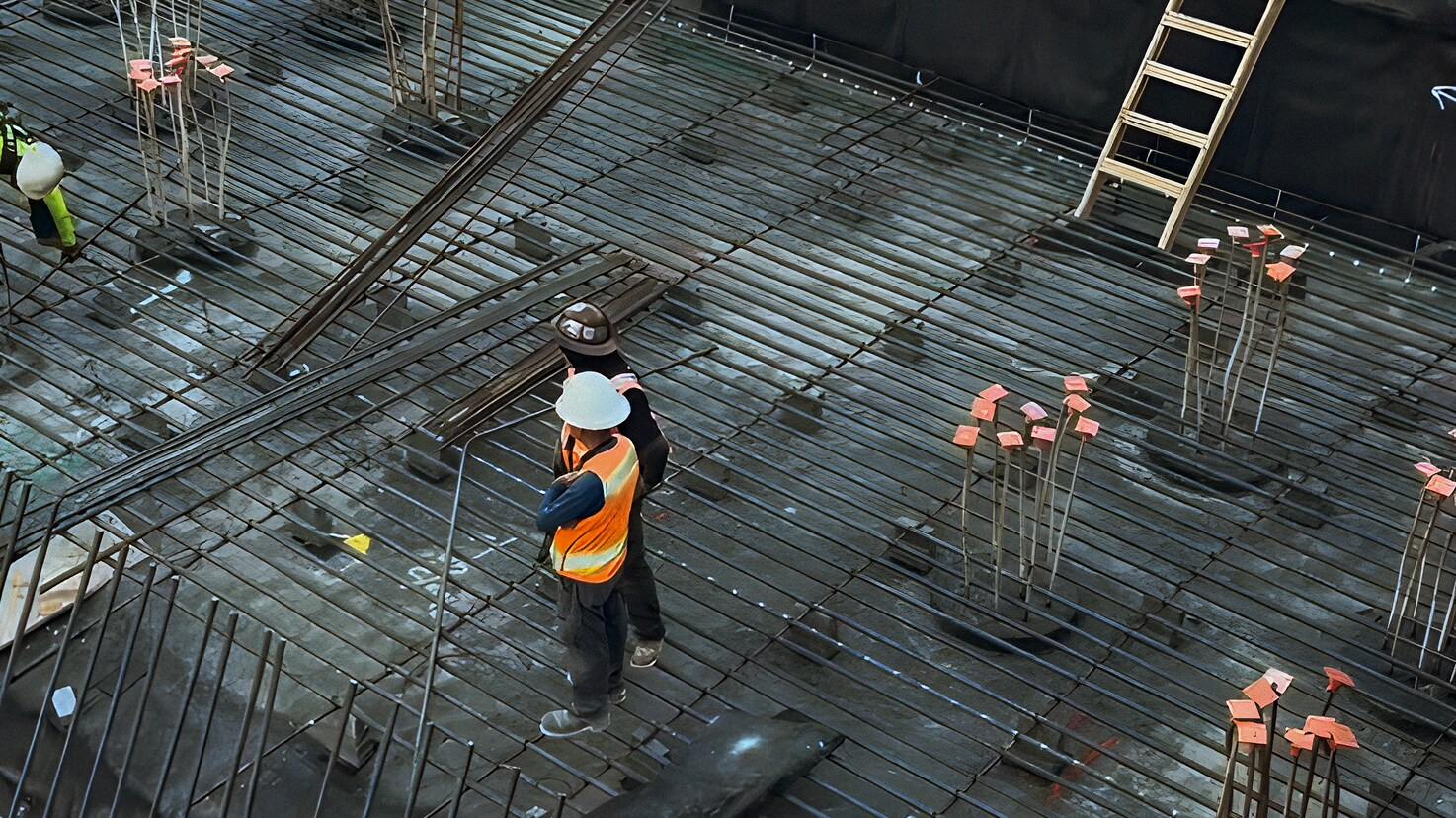 High-angle view of two construction workers in hard hats and safety vests standing on a reinforced steel rebar foundation grid.