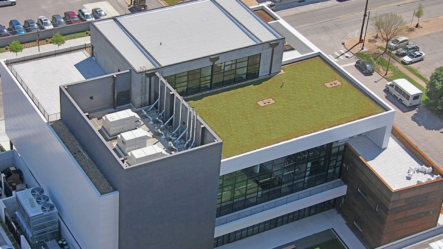 Aerial view of the Hardesty Center’s sustainable green roof and modern geometric architecture.