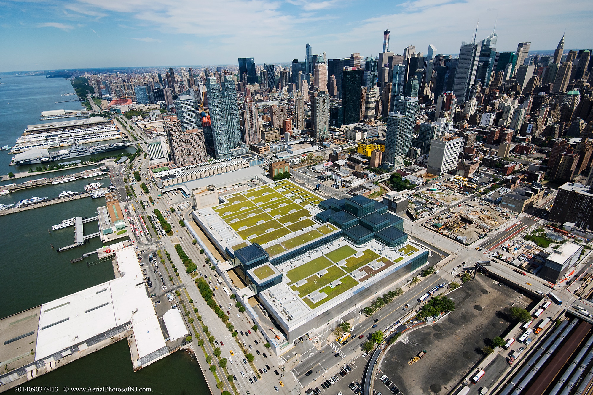 Aerial view of the Jacob K. Javits Convention Center in NYC showcasing a large Siplast vegetated green roof and stormwater assembly.