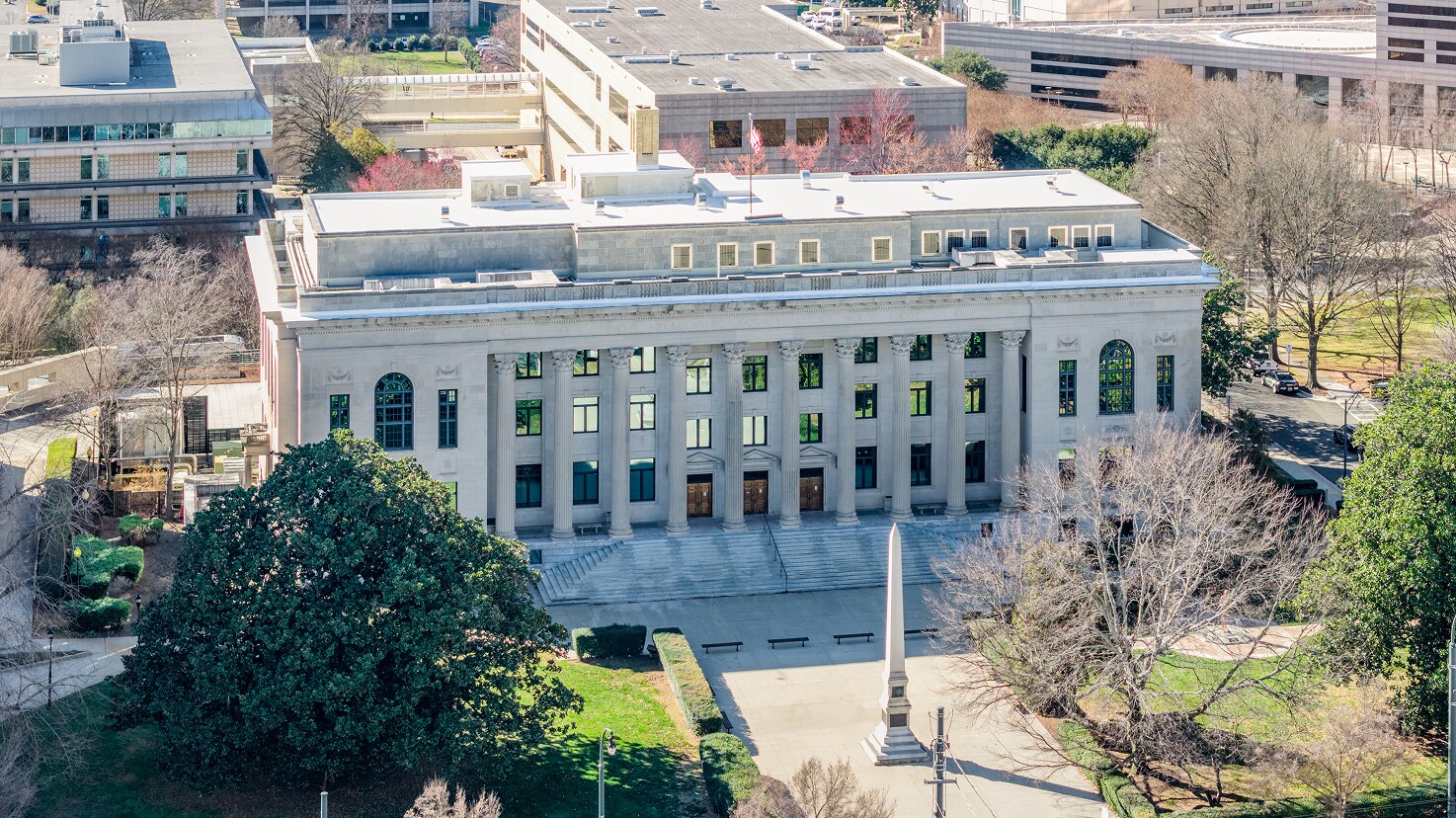 Hybrid roof system for leak repair at Mecklenburg County District Attorney’s Office historic restoration.