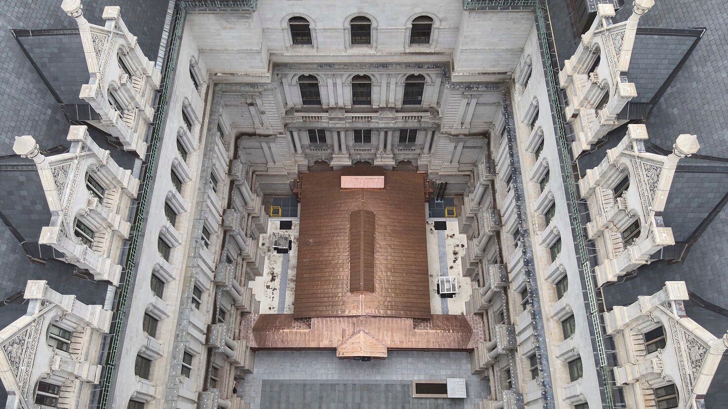 New York State Capitol Building courtyard roof restoration with historic copper detailing and waterproofing.
