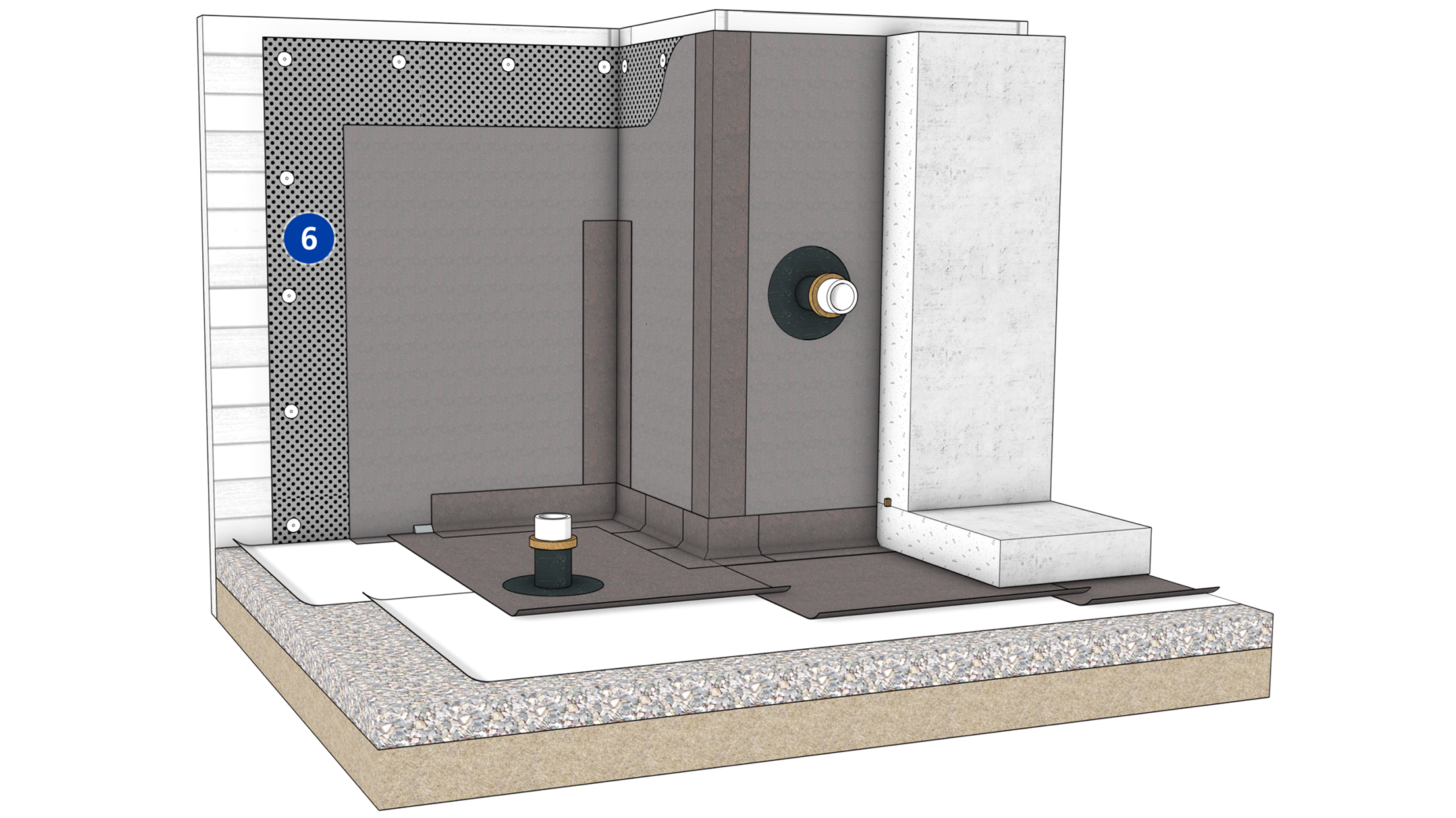 A 3D cross-section diagram showing the drainage and filter fabric of a Siplast pre-applied below-grade waterproofing system.