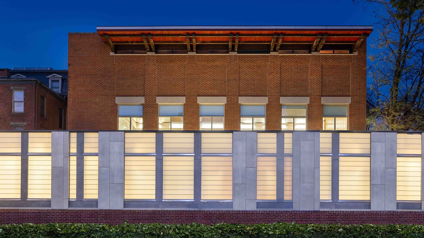 Exterior facade of the Joseph Slifka Center for Jewish Life at Yale at dusk, highlighting a renovation project profile.