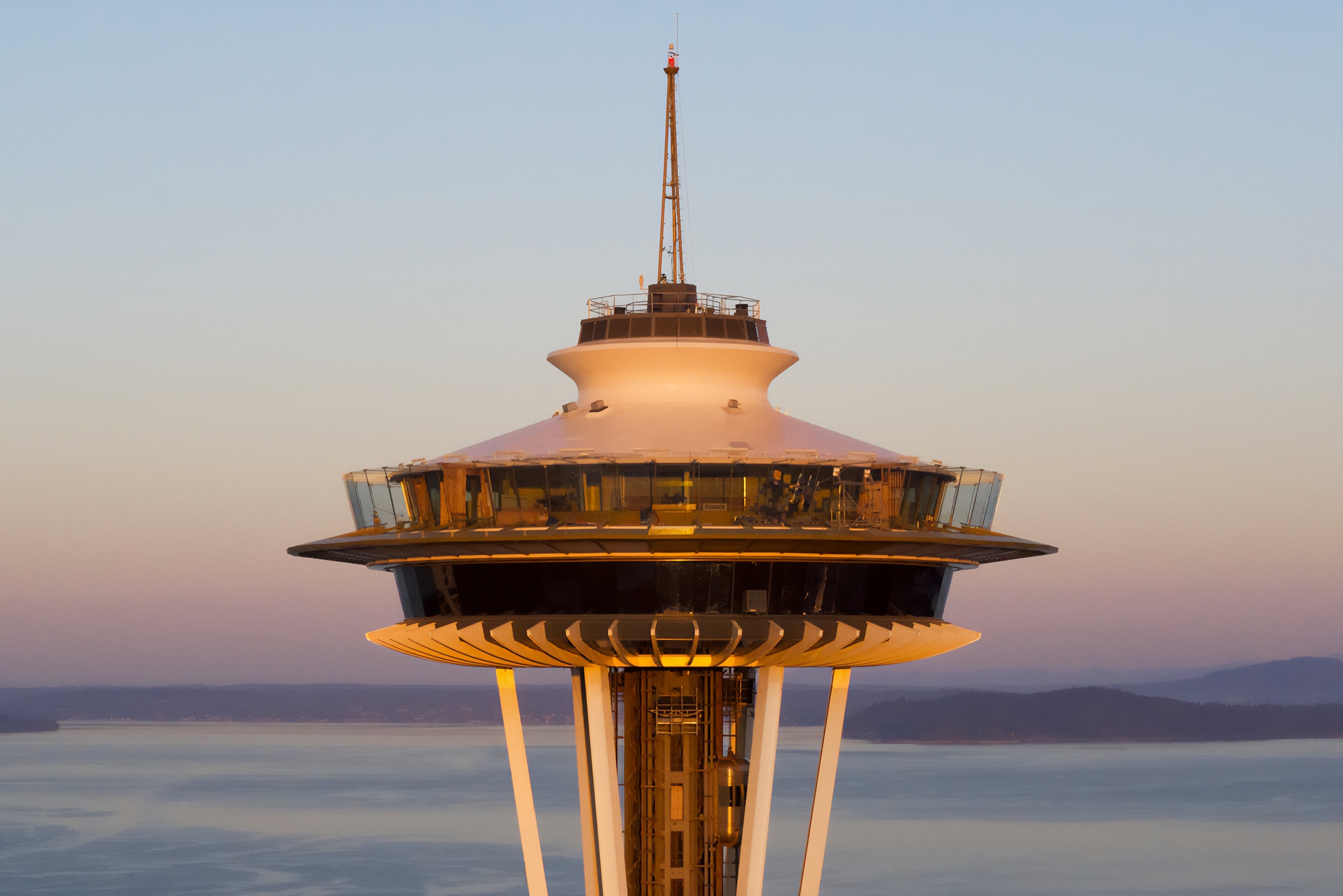 Sunset view of the Seattle Space Needle observation deck restored with Siplast waterproof deck coating systems.
