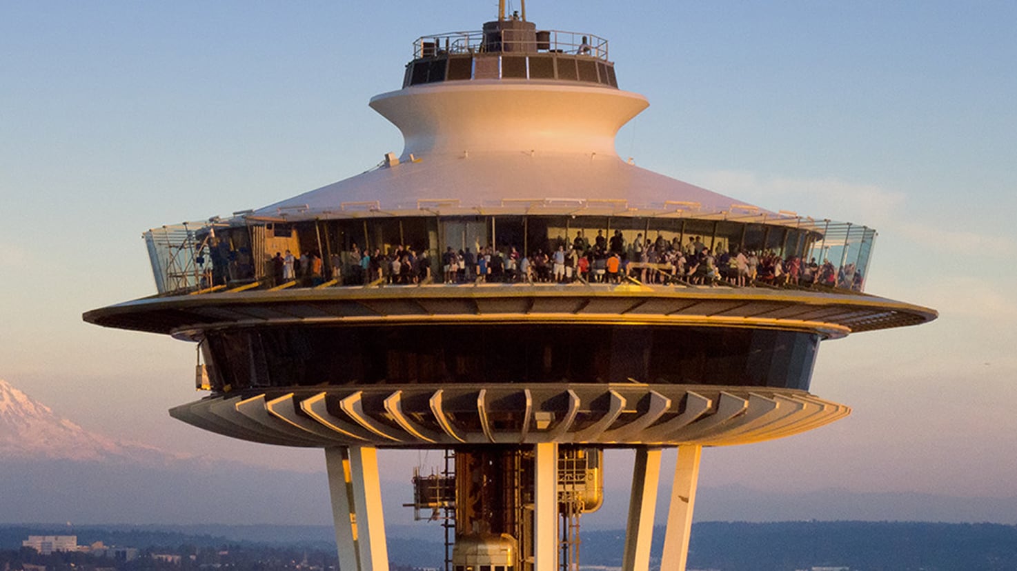 Close-up of the Seattle Space Needle observation deck, showcasing a waterproofing and preservation project profile.