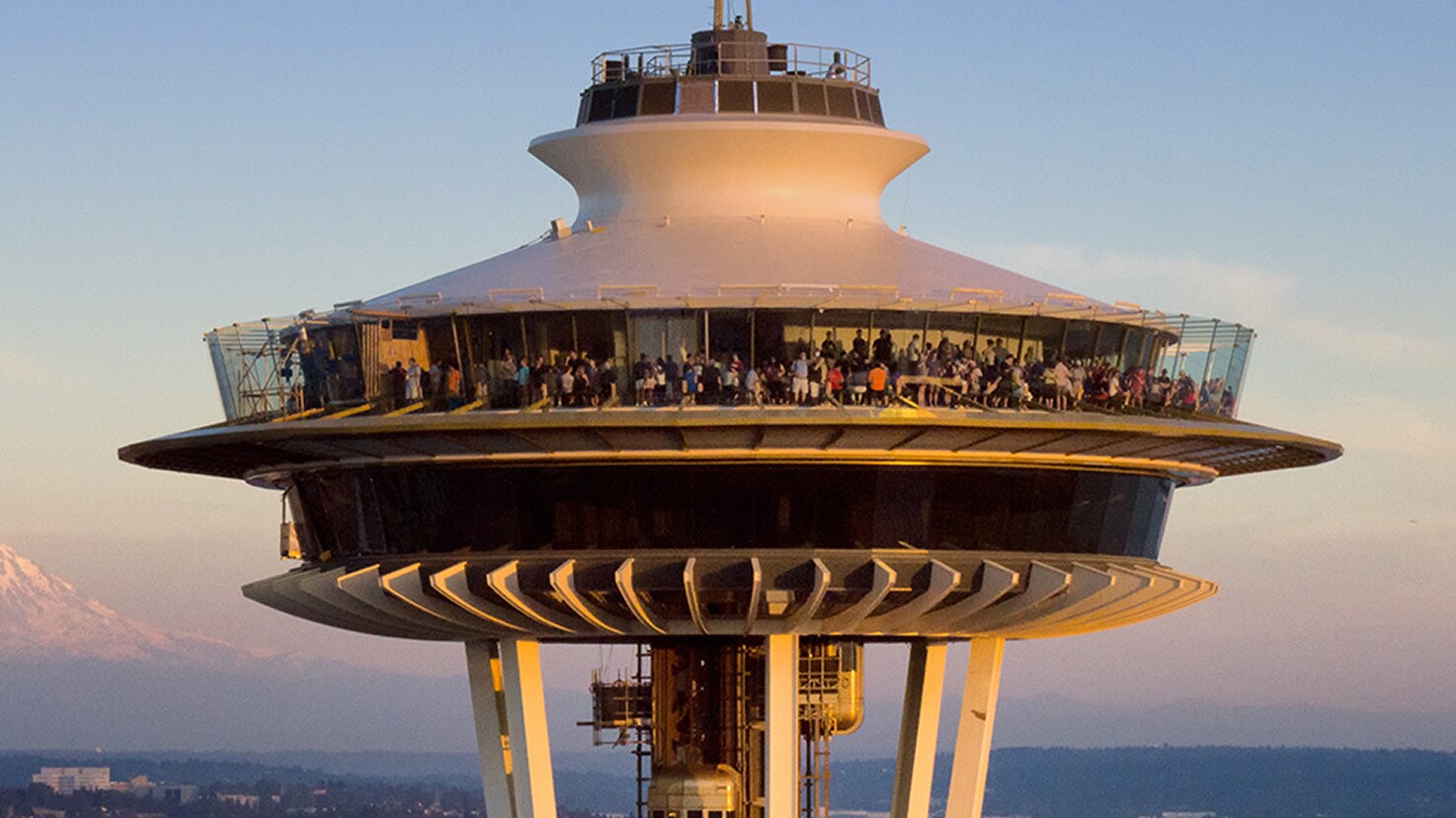Close-up of the Seattle Space Needle observation deck, showcasing a waterproofing and preservation project profile.