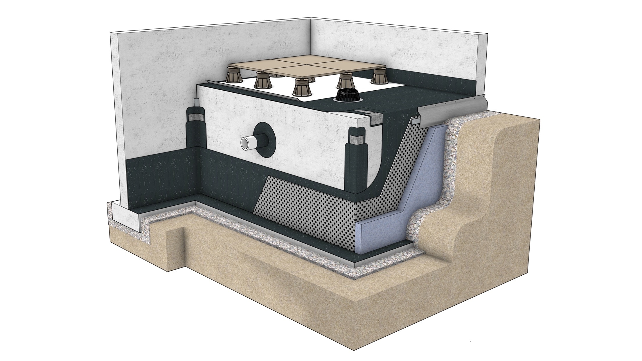 Cross-section diagram of the TeraPROOF™ Post-Applied Liquid System showing layers and STP membranes.