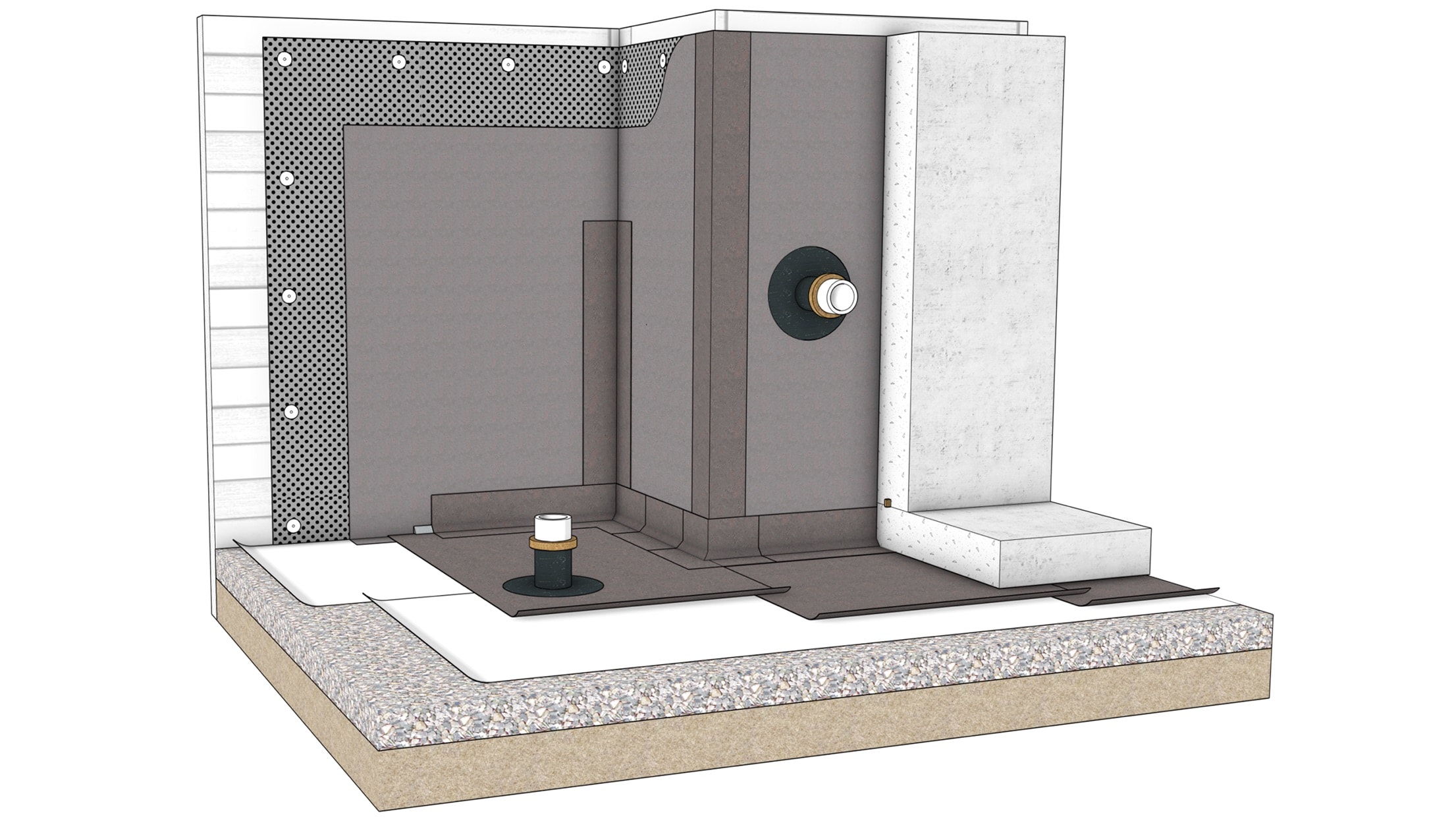Cross-section diagram of the TeraPROOF™ Pre-Applied SBS System showing layers and modified-bitumen membranes.