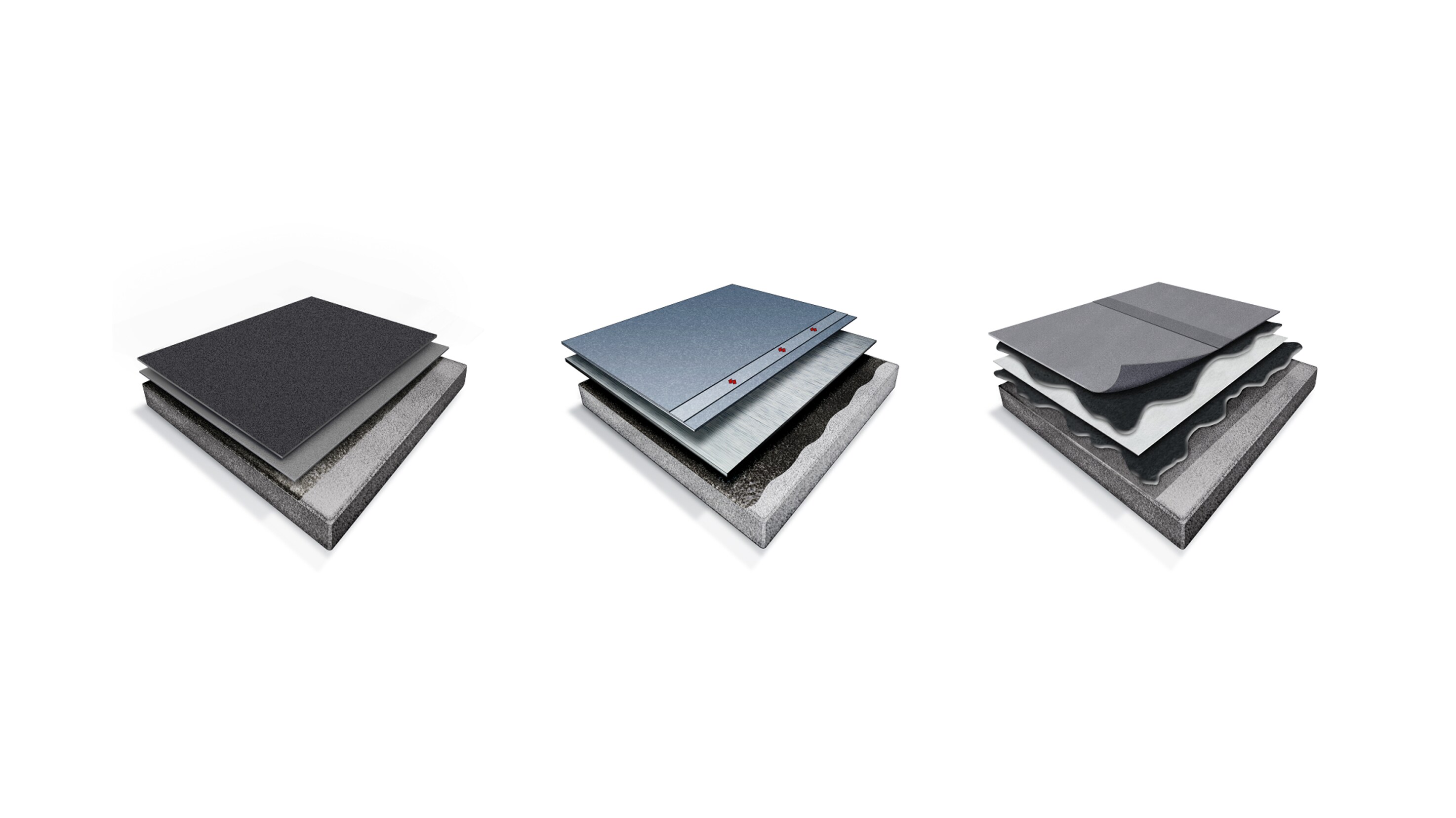 Close-up of three stacked samples illustrating the integrated layers of a roofing system, emphasizing waterproofing components