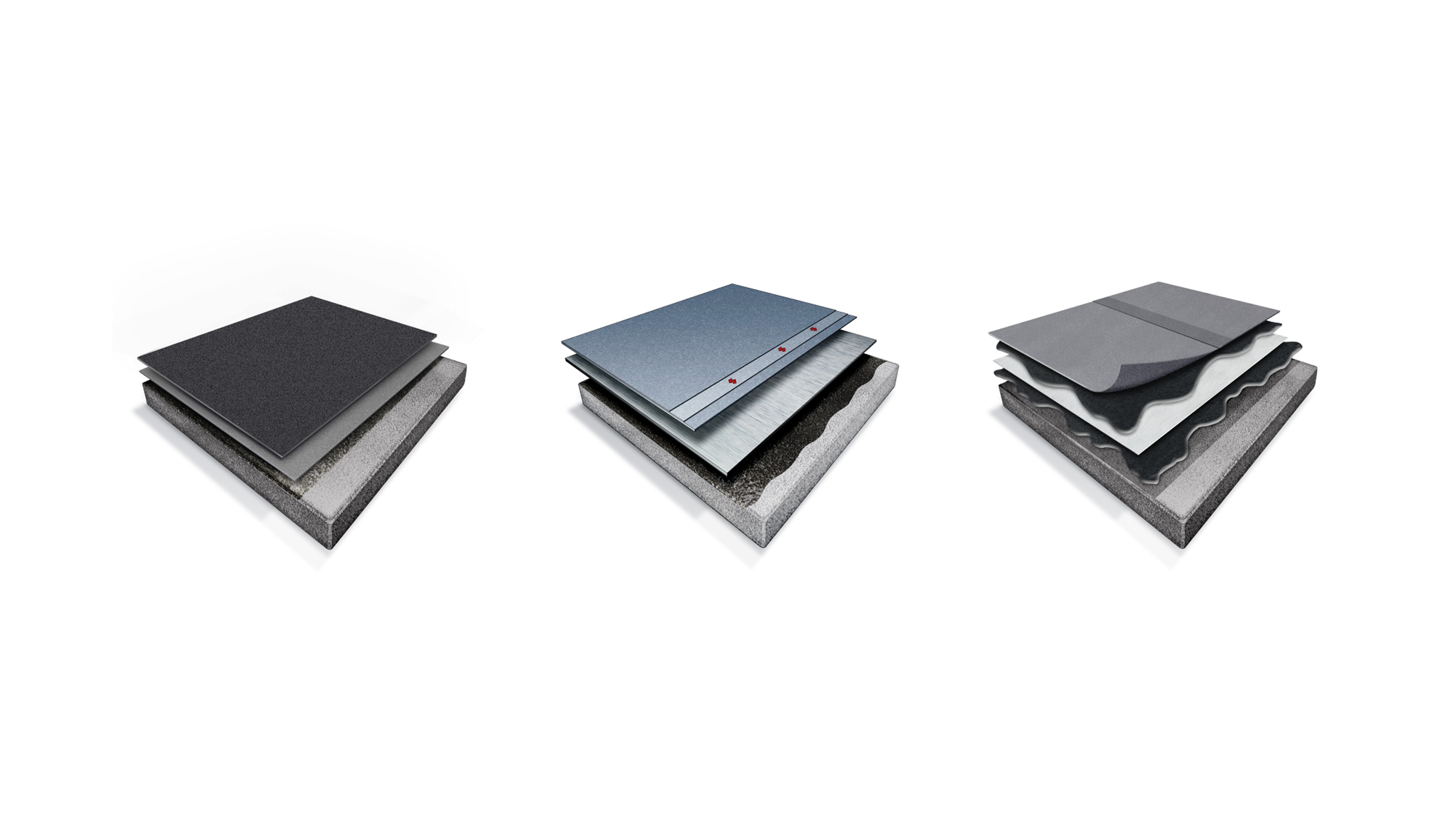 Close-up of three stacked samples illustrating the integrated layers of a roofing system, emphasizing waterproofing components