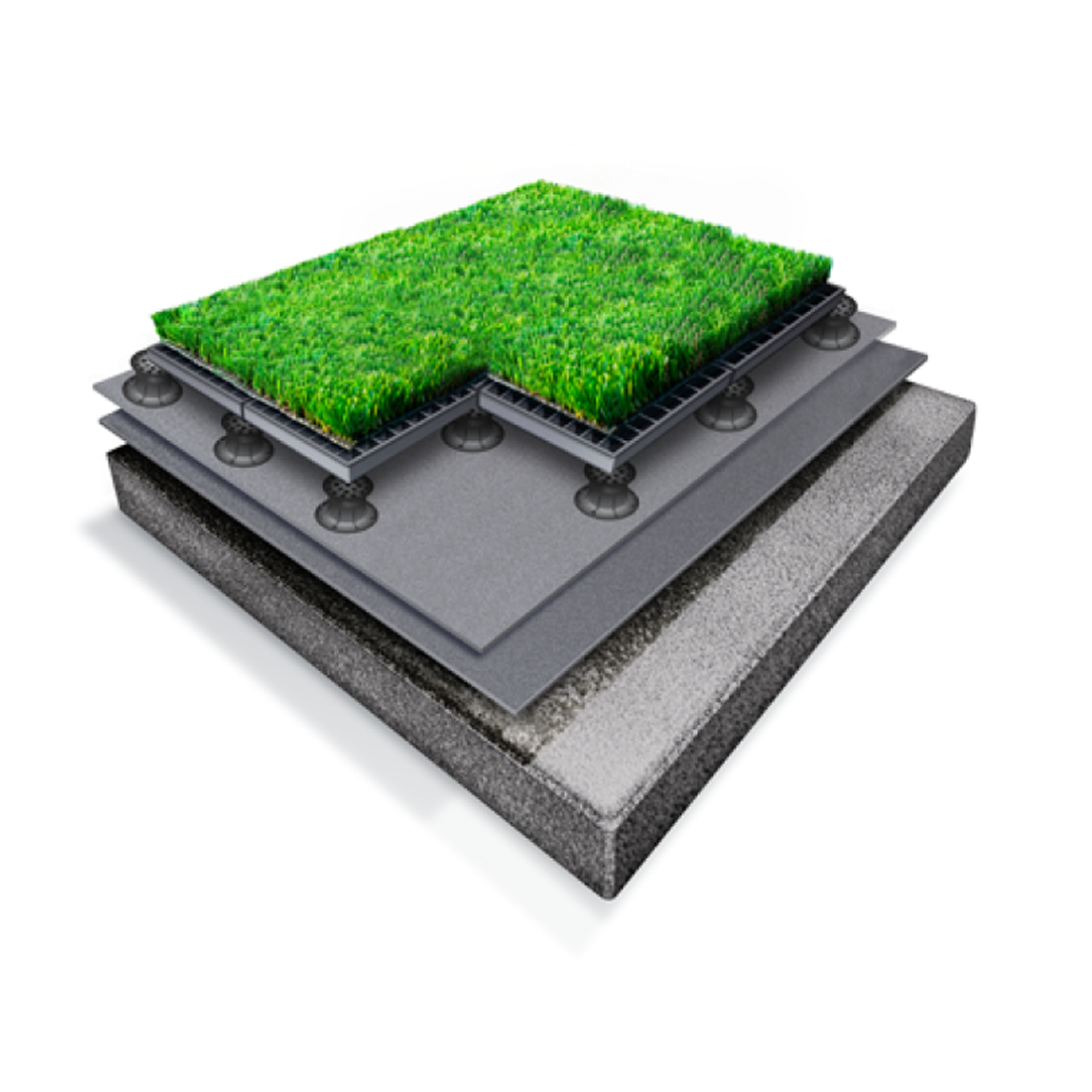 Layered diagram of a Siplast amenity space system with artificial turf